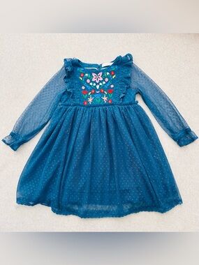Mini Boden Long Sleeve Tulle Dress Baltic Blue Embroidered Flower